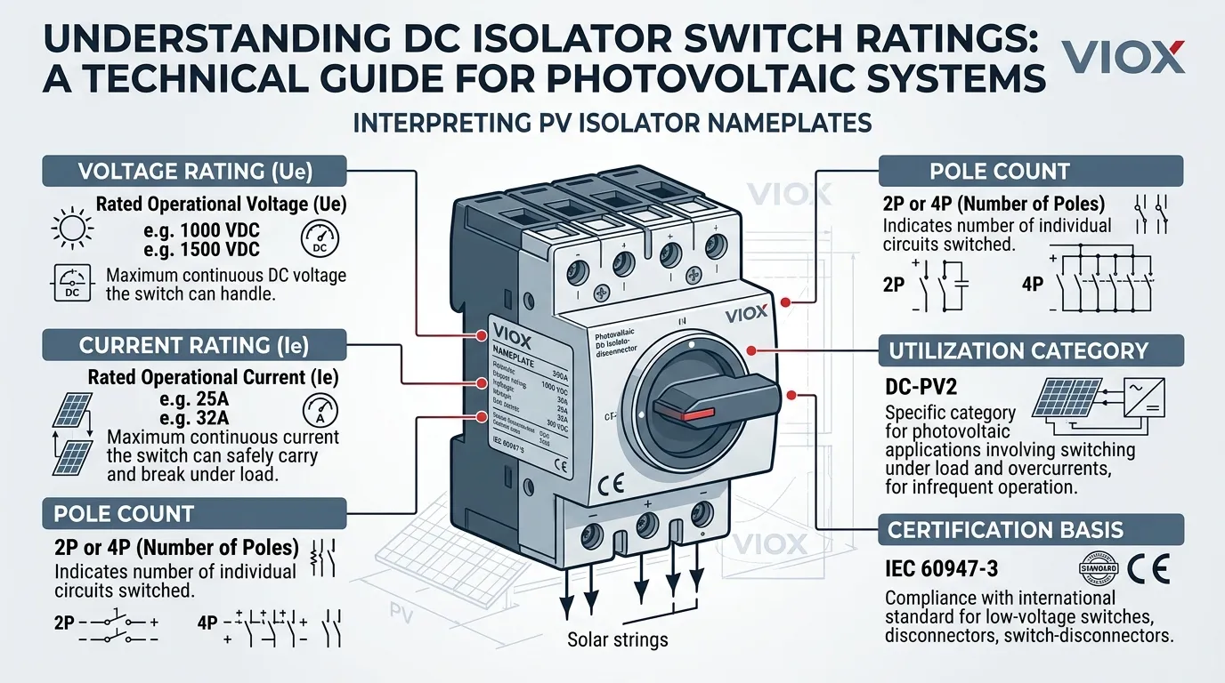 Infografis teknis yang menunjukkan cara membaca peringkat pada sakelar isolator DC fotovoltaik