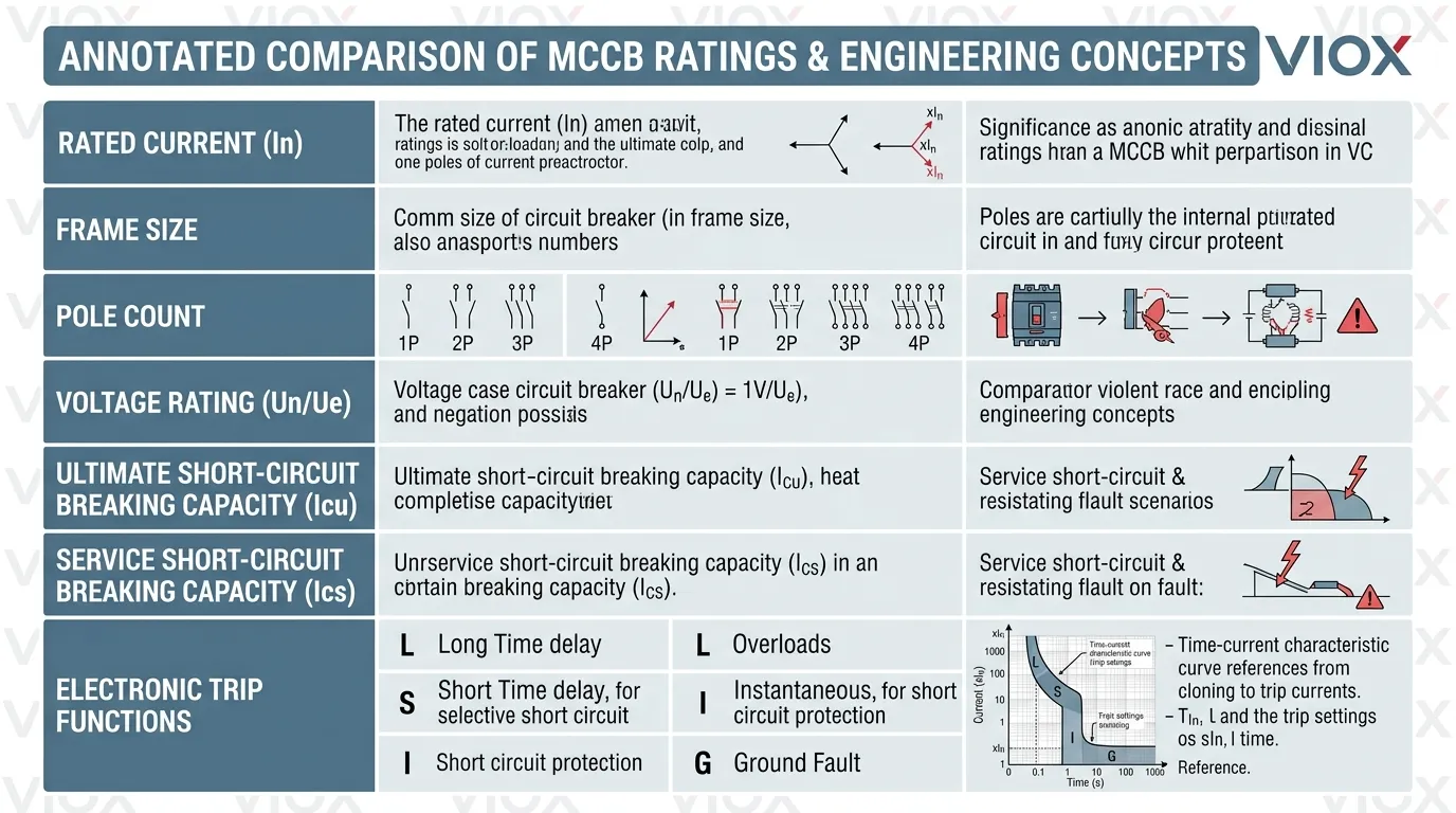 Technical infographic showing key MCCB ratings including Icu Ics and LSIG trip functions