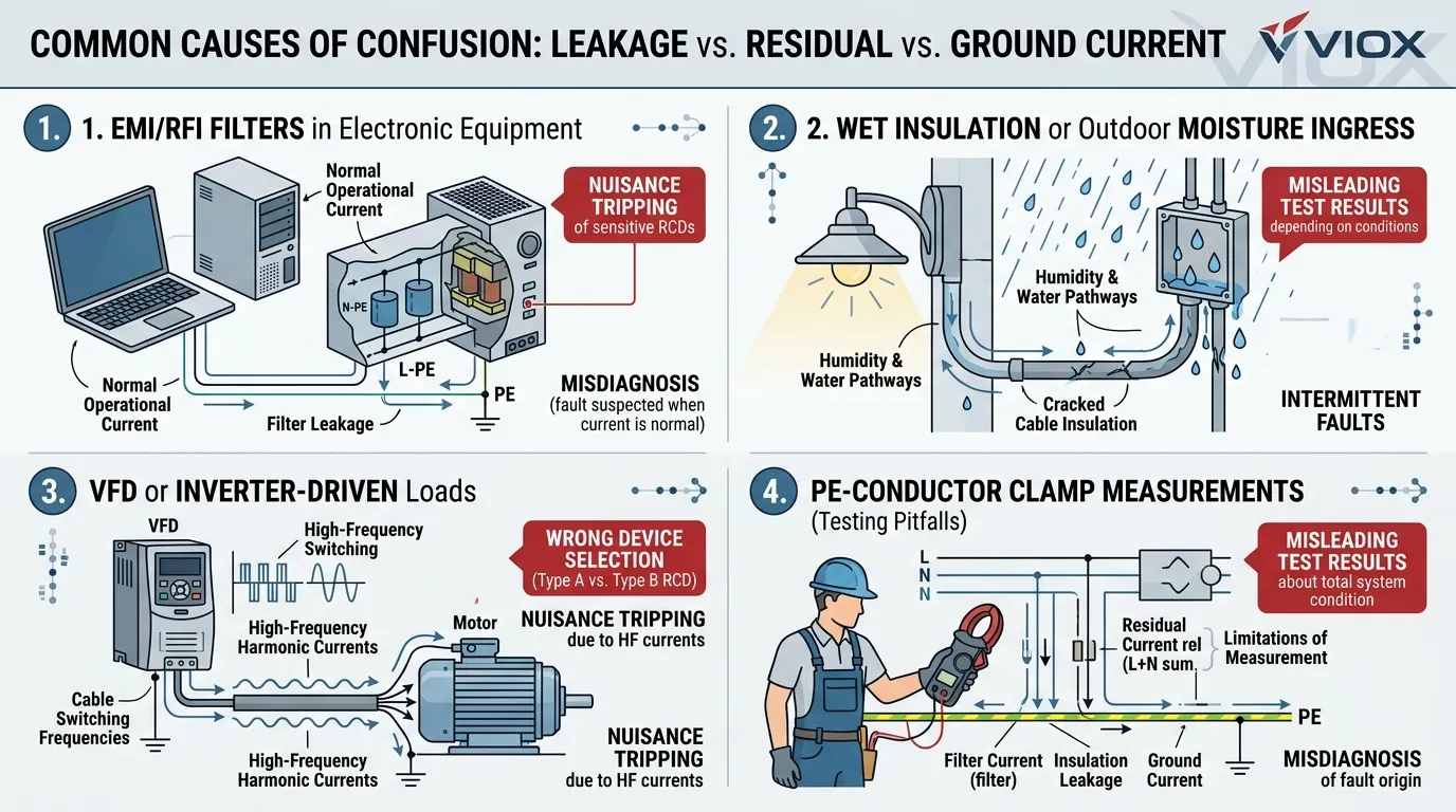 Technical infographic showing real world causes of leakage current, residual current, and ground current confusion