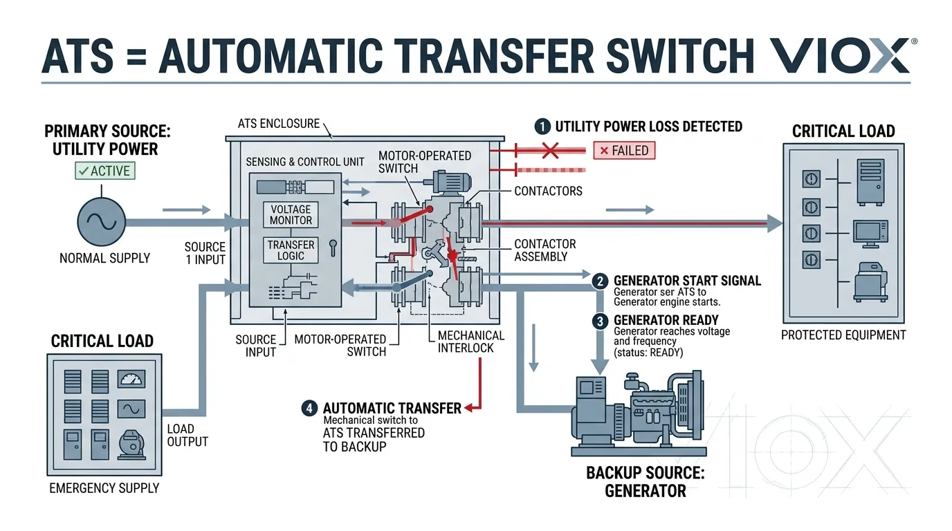 Diagramma tecnico che illustra come un commutatore automatico di trasferimento (ATS) rileva la perdita di alimentazione di rete e trasferisce i carichi critici a un generatore di backup.