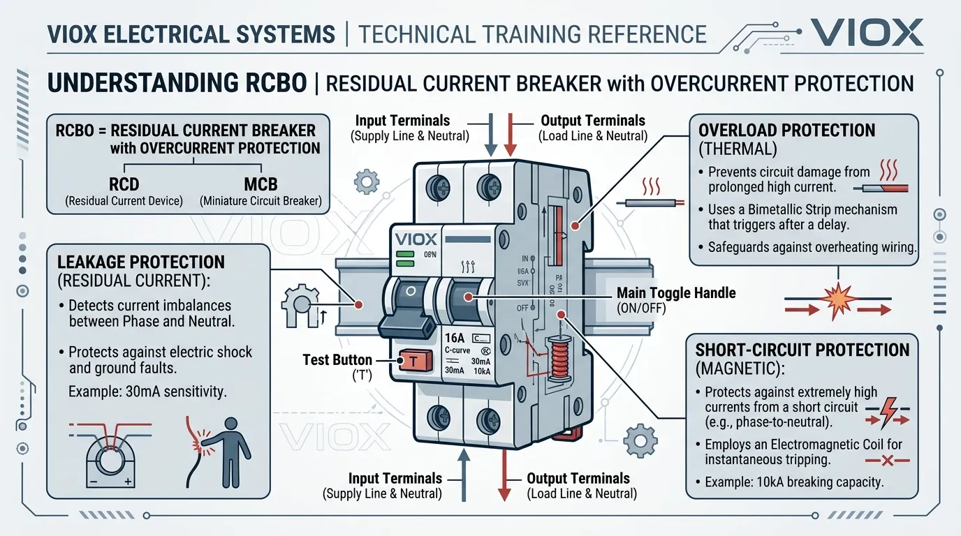 Infografica tecnica che spiega il significato di RCBO e le sue doppie funzioni di protezione