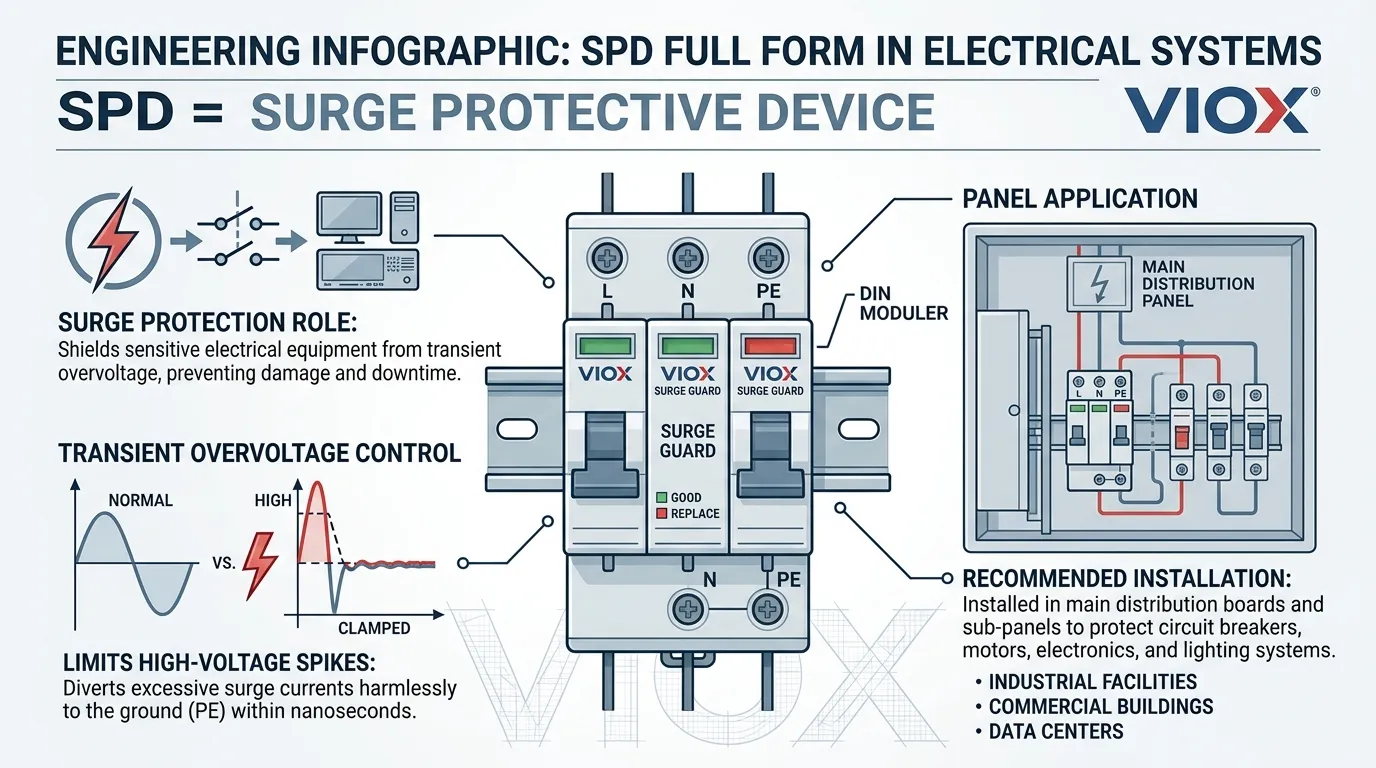 Infografica tecnica di ingegneria che spiega la forma completa di SPD come dispositivo di protezione contro le sovratensioni e la sua funzione di controllo delle sovratensioni transitorie