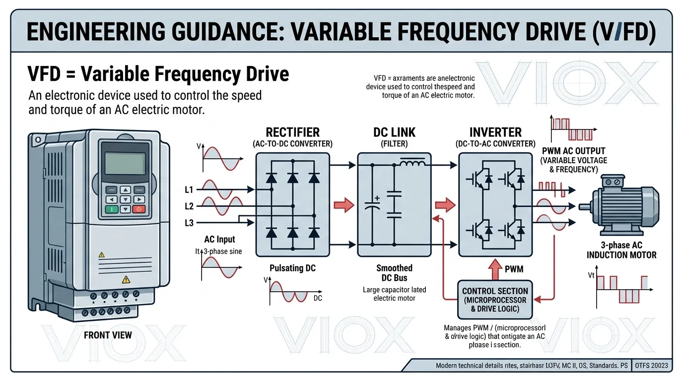 ອິນໂຟກຣາຟິກດ້ານວິຊາການທີ່ສະແດງໃຫ້ເຫັນວ່າ VFD ຫມາຍເຖິງ Variable Frequency Drive