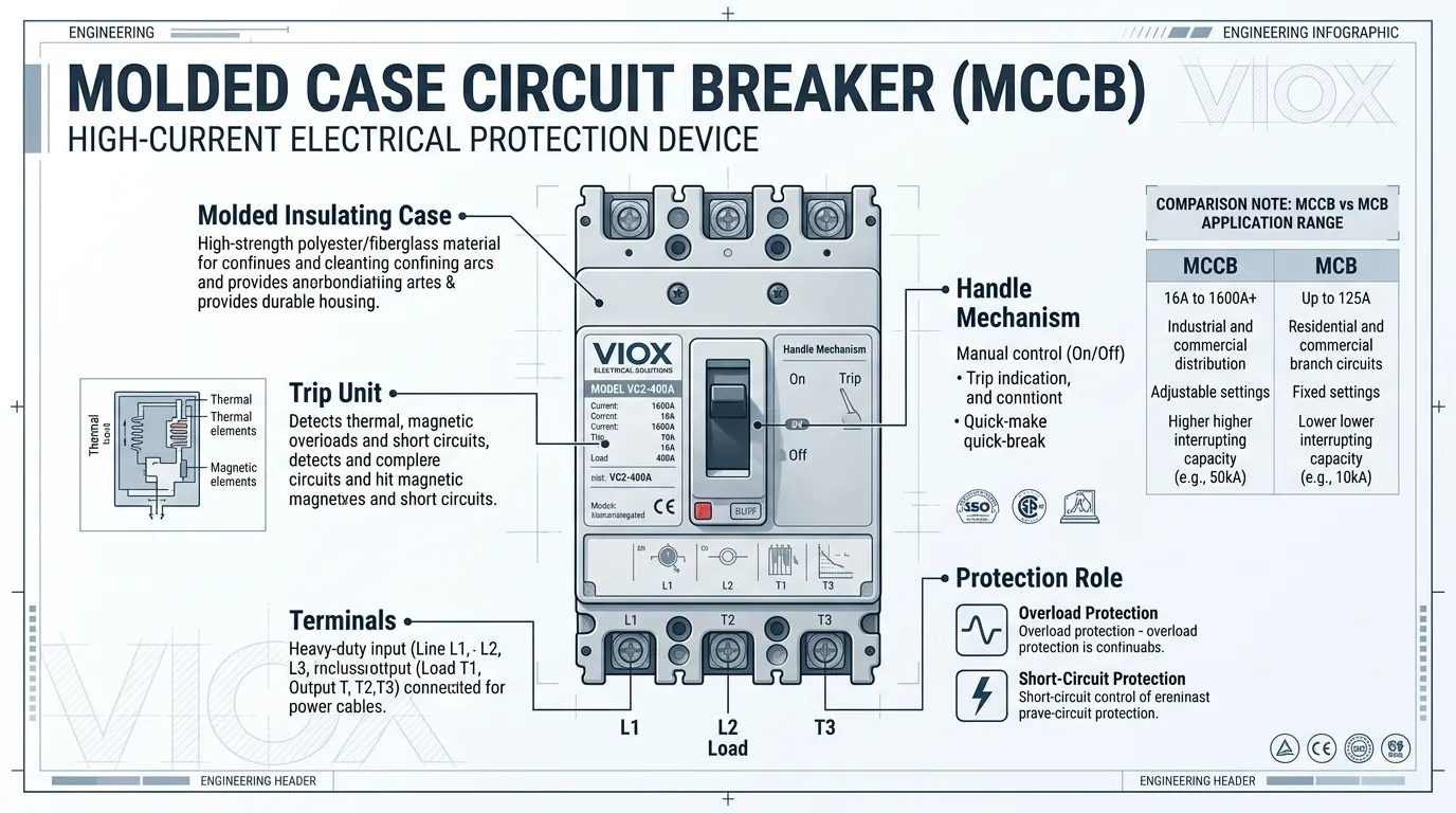 Technical Infographic Showing The MCCB Full Form And Key Parts