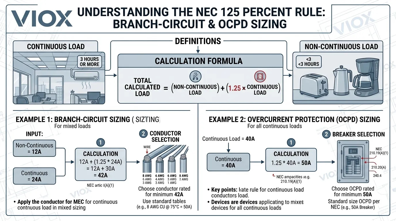 Technical infographic showing the NEC 125 percent rule for continuous loads