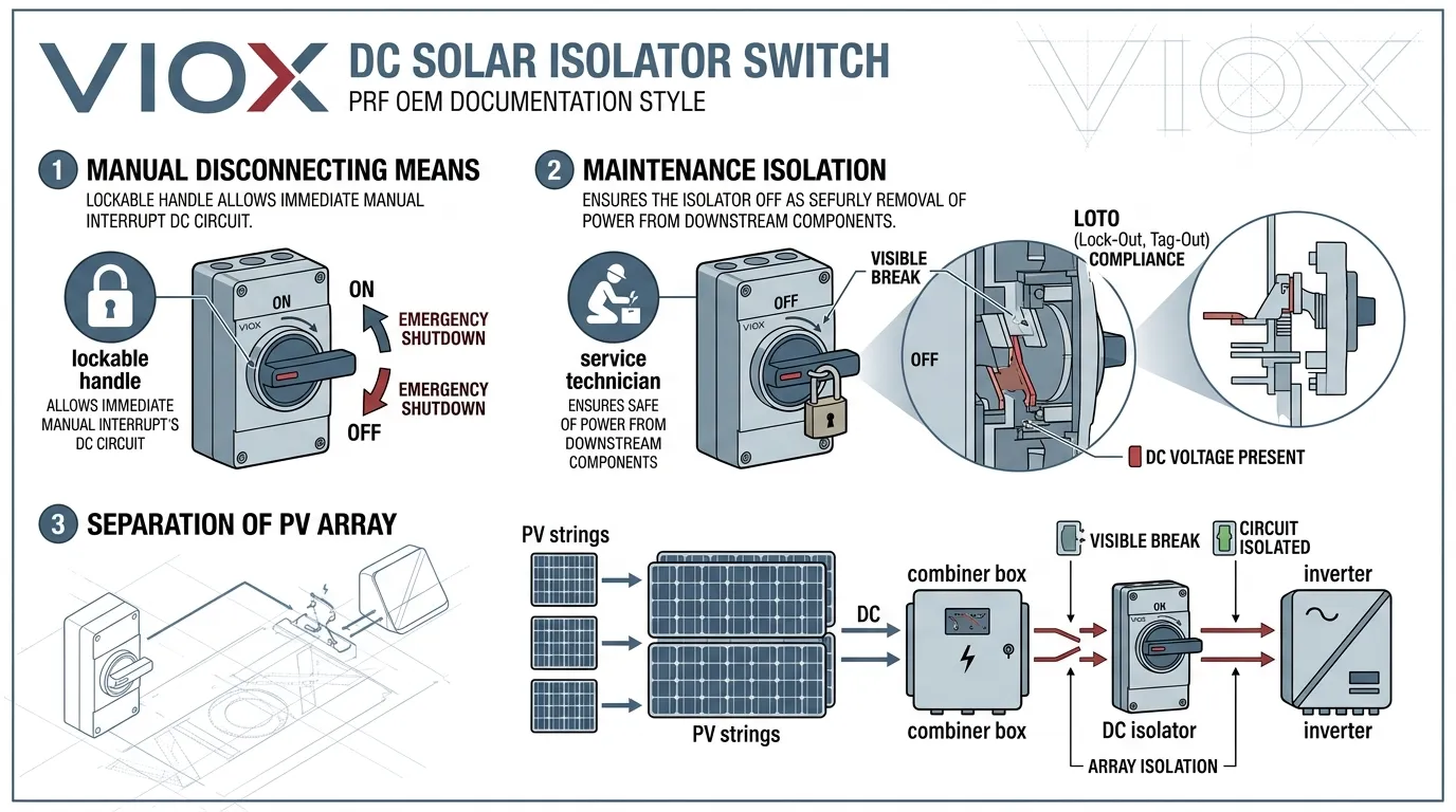 Infografica tecnica che mostra le principali funzioni di un interruttore sezionatore solare CC