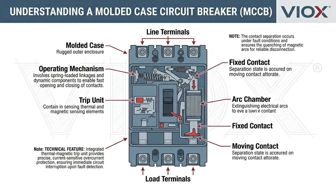 Technical infographic showing the main internal parts of a molded case circuit breaker
