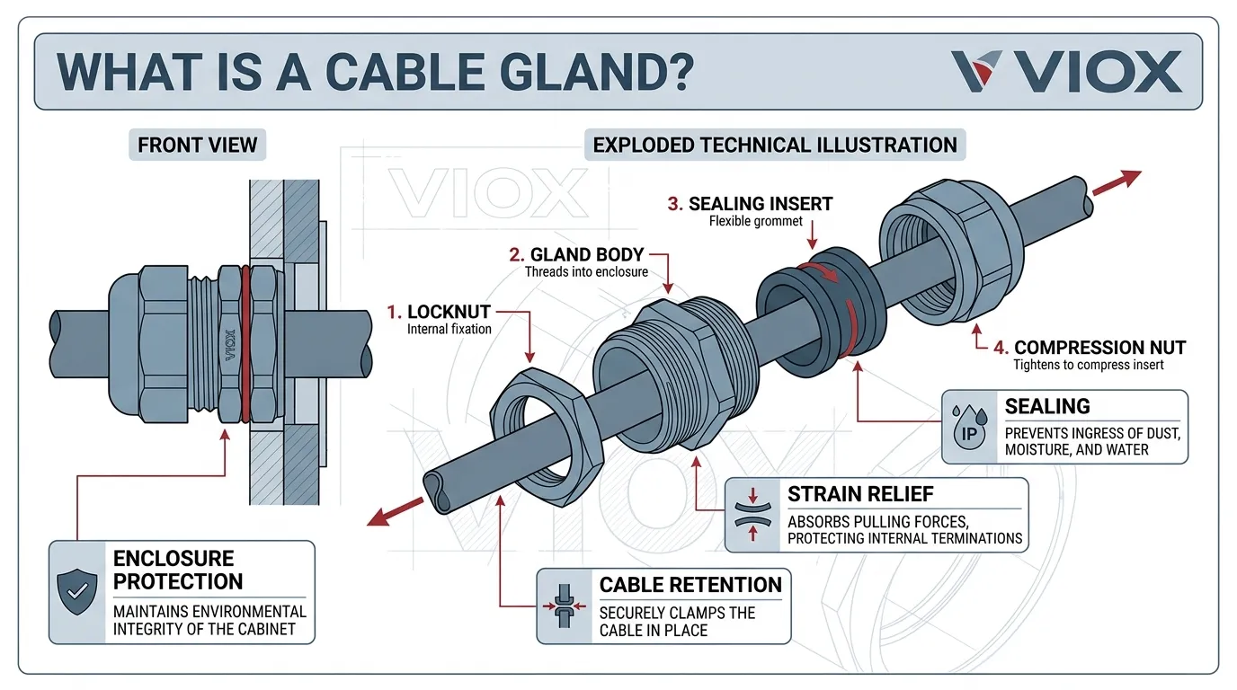 Kilit somunu, rakor gövdesi, sızdırmazlık eki ve sıkıştırma somunu dahil olmak üzere bir kablo rakorunun ana parçalarını ve işlevlerini gösteren patlatılmış teknik çizim