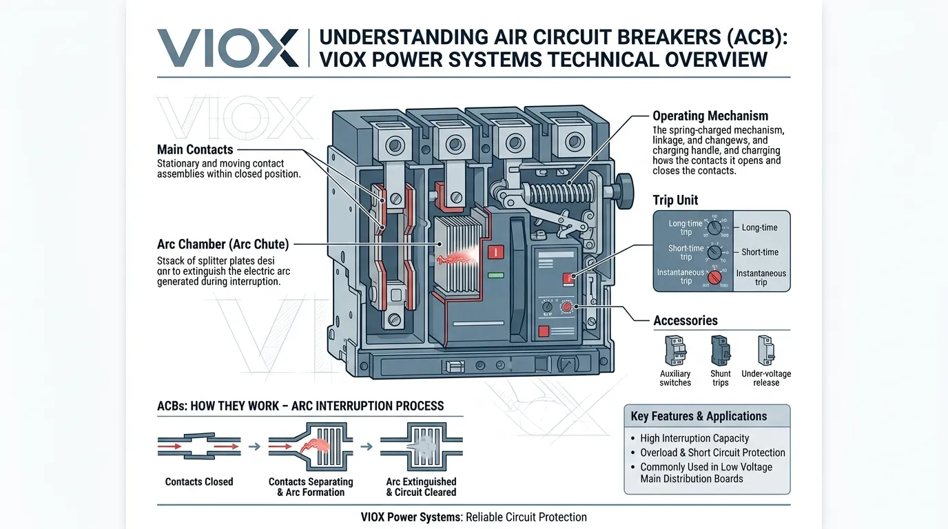 Technical infographic showing the main parts of an air circuit breaker