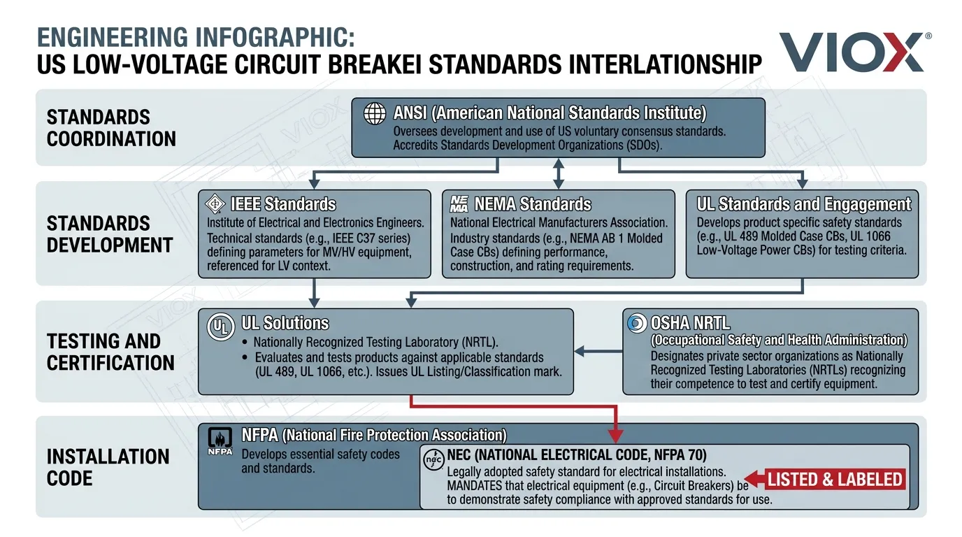 Technical infographic showing the relationship between ANSI, IEEE, NEMA, UL, NEC, and OSHA NRTL