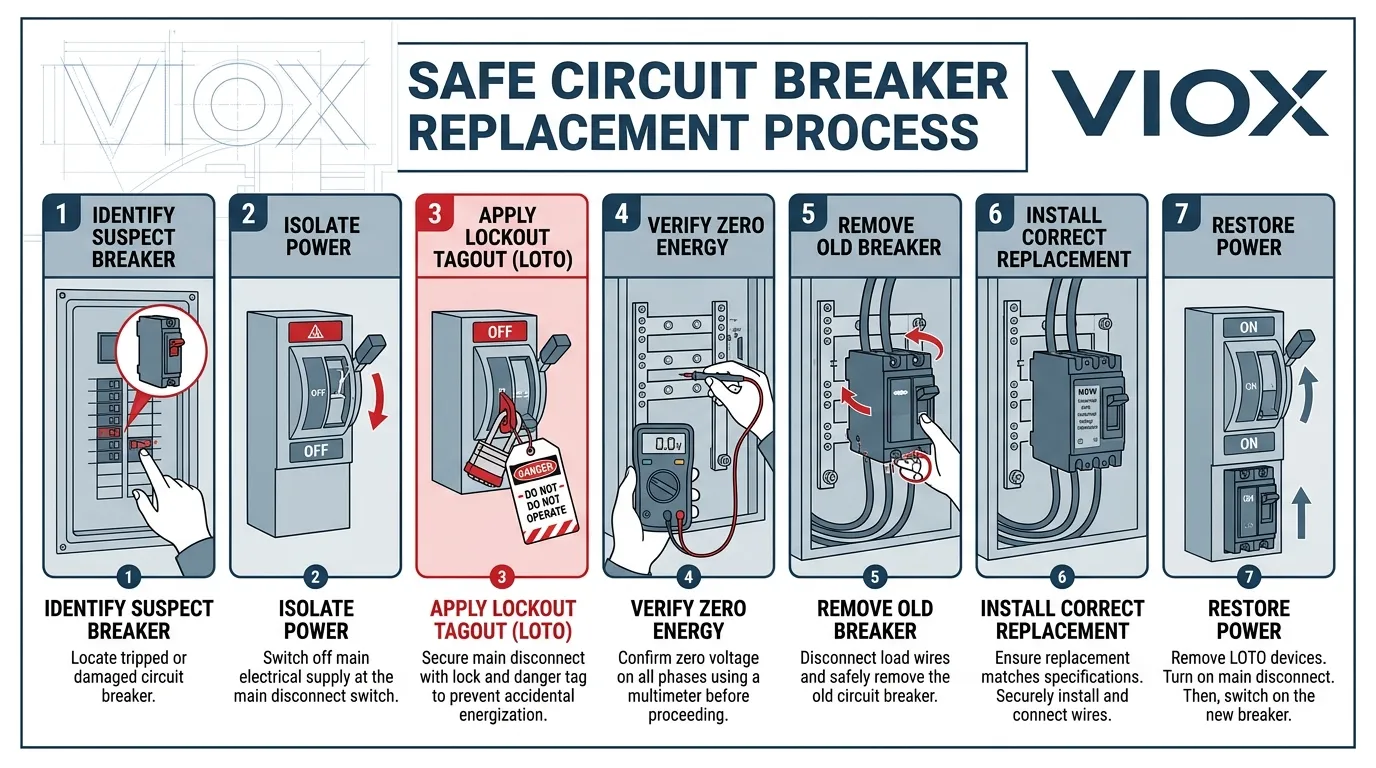 회로 차단기 교체를 위한 안전한 단계별 프로세스를 보여주는 기술 인포그래픽