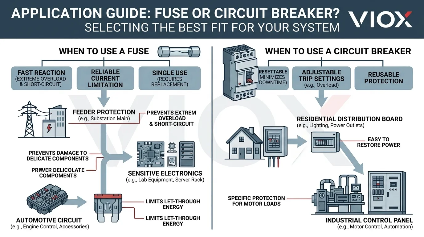 Technical infographic showing an application guide and typical use cases for selecting between fuses and circuit breakers