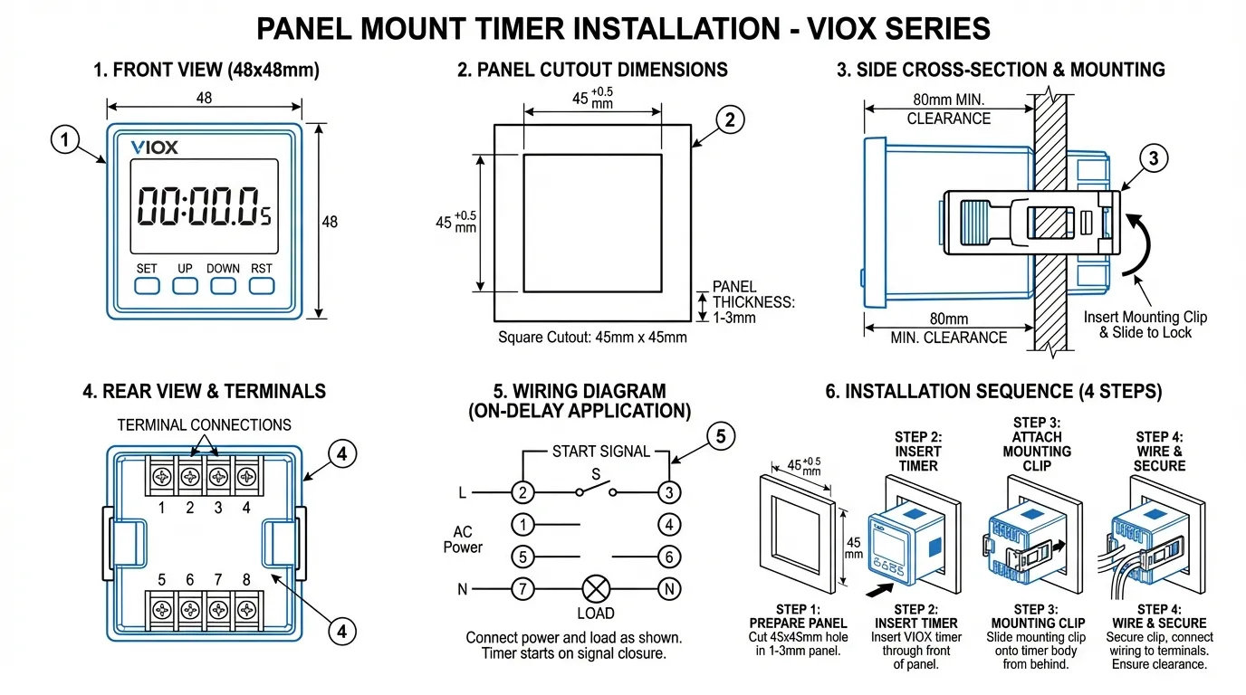VIOX 48mm প্যানেল মাউন্ট টাইমারের টেকনিক্যাল ইন্সটলেশন ডায়াগ্রাম, কাটআউট ডাইমেনশন এবং মাউন্টিং পদ্ধতি દર્શાવતો