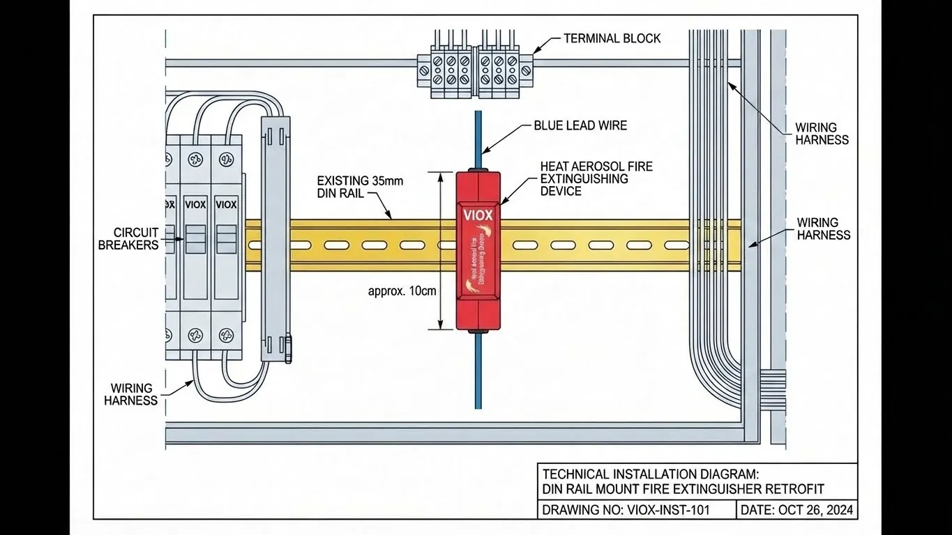 Műszaki telepítési diagram, amely a VIOX DIN sínre szerelhető tűzoltó készülék felújítási folyamatát mutatja be felcímkézett alkatrészekkel: meglévő 35 mm-es DIN sínre szerelés, termikus aktiváló zsinór vezetése a régi vezérlőpanelen keresztül, a fúvóka elhelyezése és a méretezett specifikációkkal rendelkező hézagkövetelmények