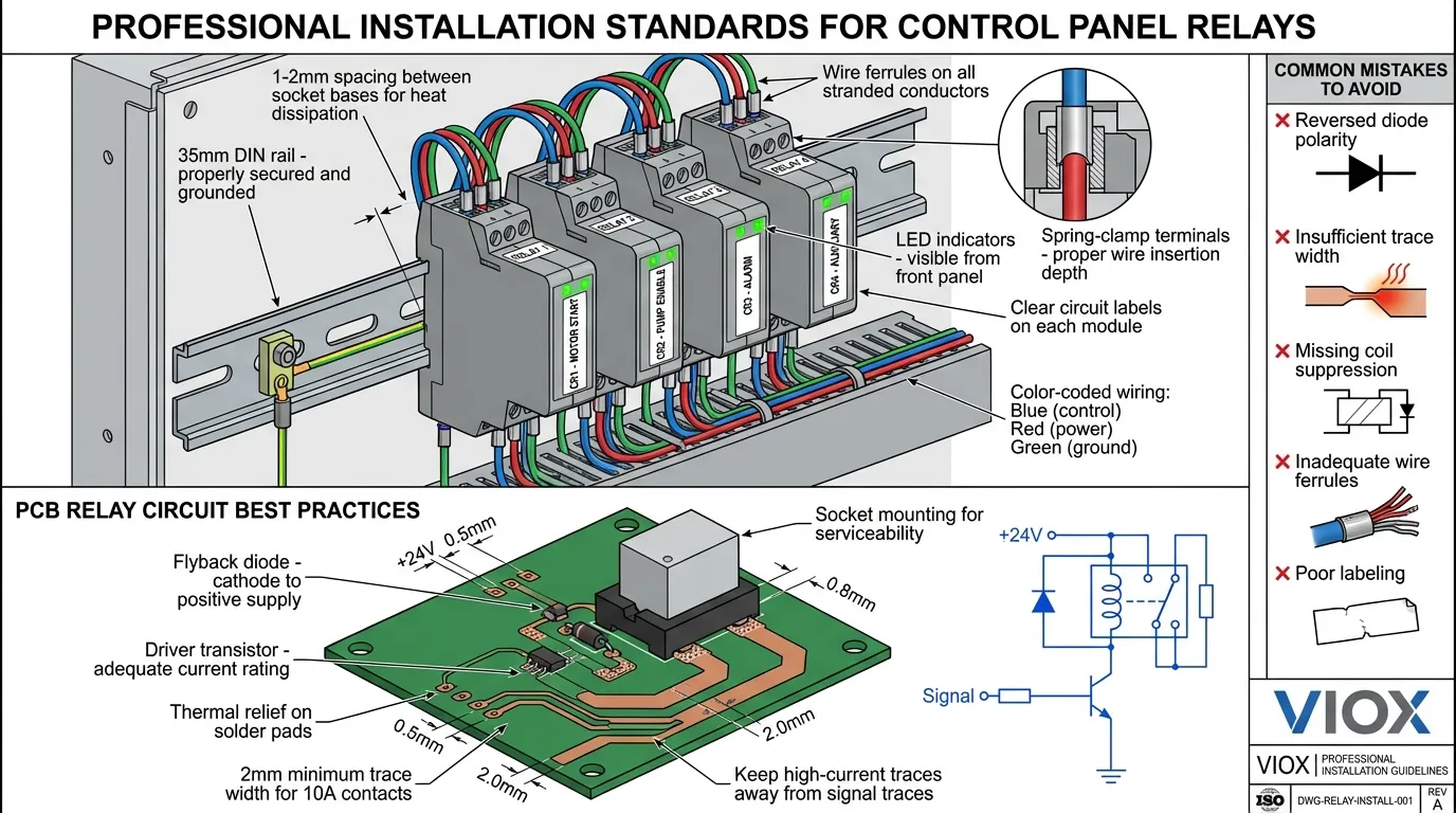 Technical installation diagram showing best practices for VIOX interface relay modules and PCB relay circuits in industrial control panels