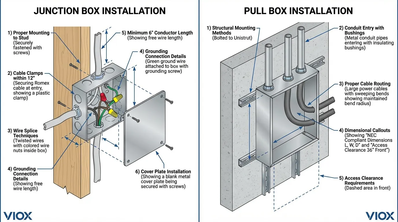 Technical installation guide showing proper junction box and pull box mounting methods