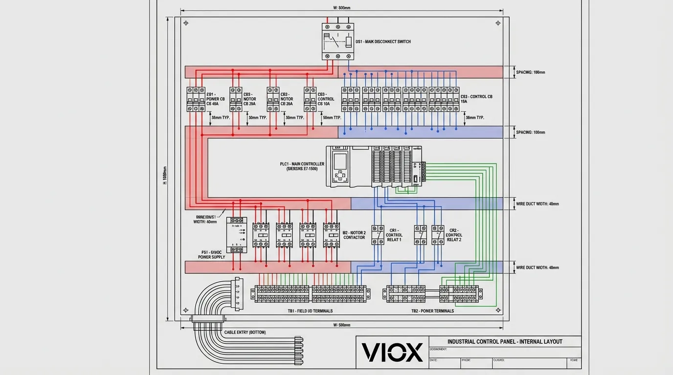 Techniczny schemat układu przemysłowej szafy sterowniczej przedstawiający rozmieszczenie komponentów, w tym wyłączników automatycznych, sterownika PLC, styczników i organizacji okablowania - VIOX Electric
