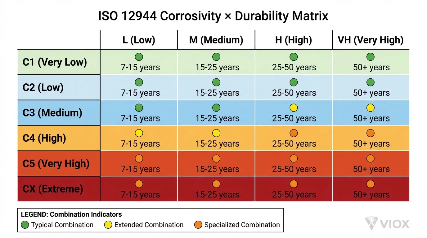 แผนภาพเมทริกซ์ทางเทคนิคแสดงหมวดหมู่การกัดกร่อน ISO 12944 C1-CX และระดับความทนทาน L-VH
