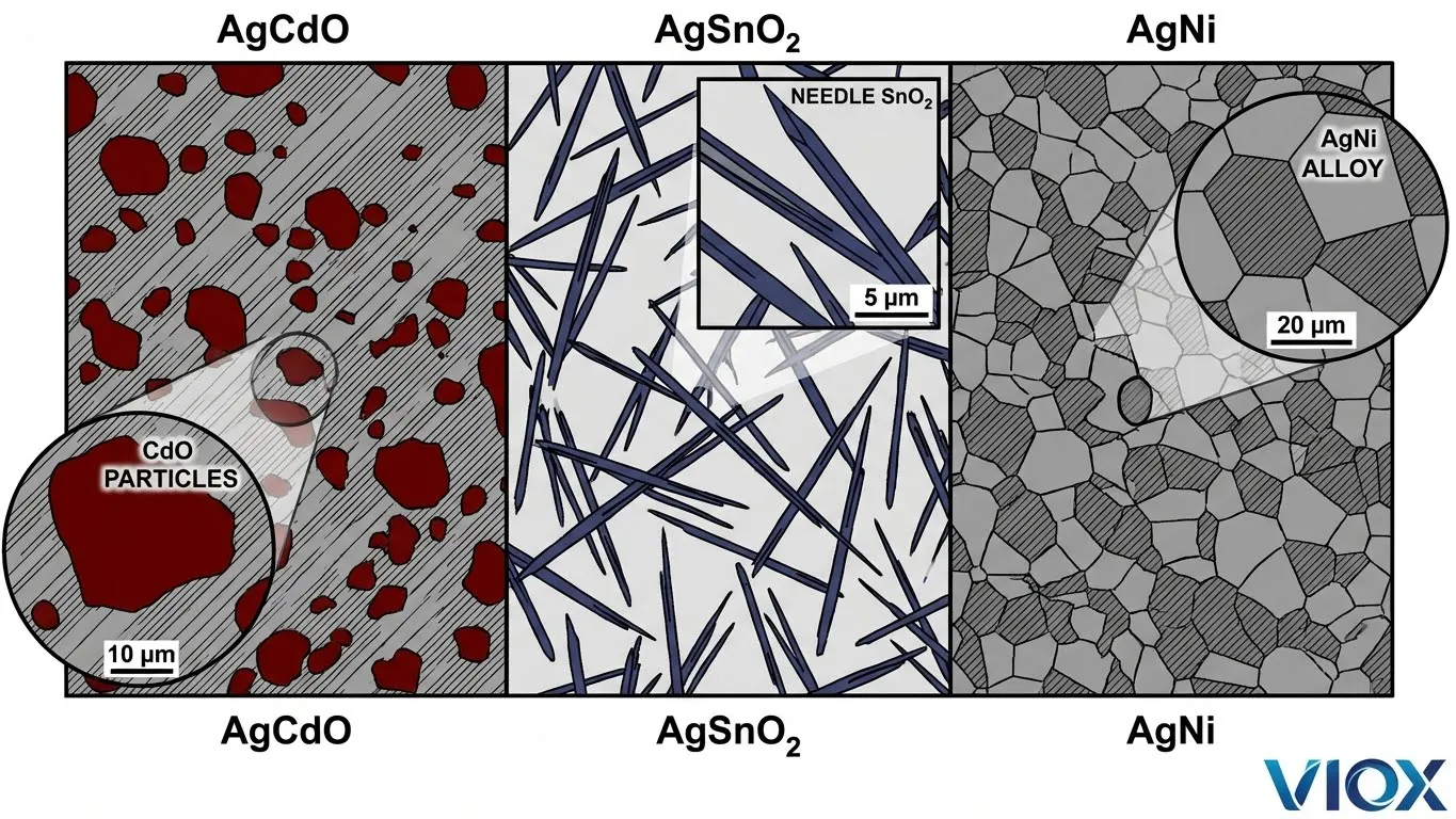 Comparación técnica de la estructura microscópica de los materiales de contacto VIOX AgCdO, AgSnO2 y AgNi que muestra la distribución de partículas