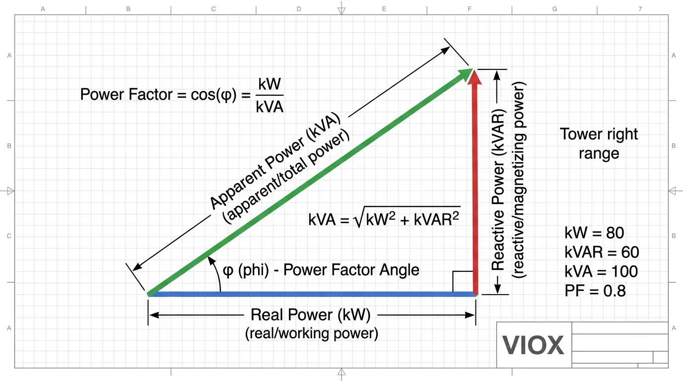 Diagram segitiga daya teknis yang menunjukkan hubungan antara daya nyata kW, daya reaktif kVAR, dan daya semu kVA dengan merek VIOX