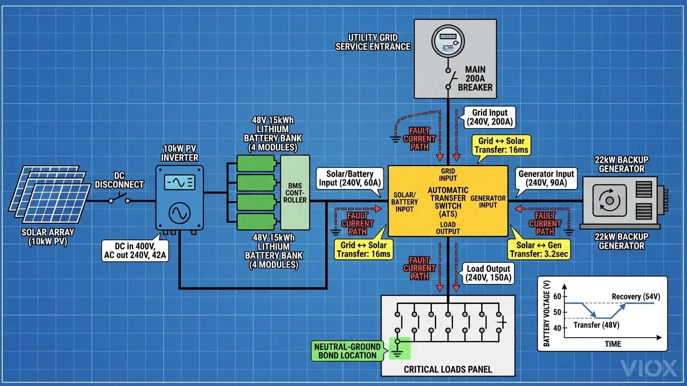 Diagrama esquemático técnico del ATS VIOX que coordina la red eléctrica, el sistema de baterías solares y el generador de respaldo con especificaciones de tiempo de transferencia y monitoreo de voltaje