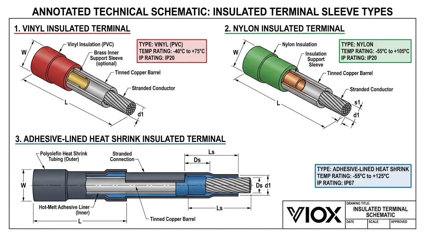 Technical schematic of vinyl nylon and heat-shrink insulated terminal types with temperature ratings VIOX diagram