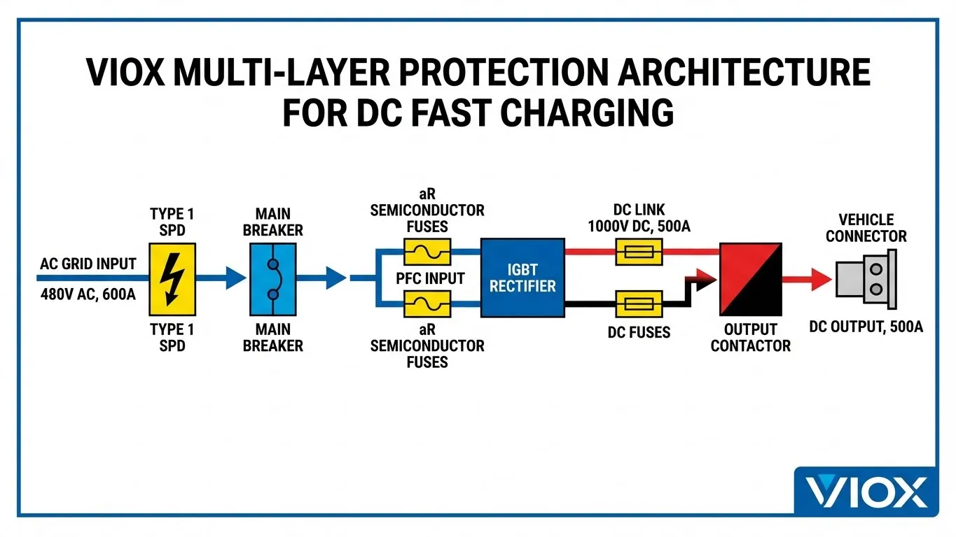 Τεχνικό σχηματικό διάγραμμα που δείχνει το πολυεπίπεδο σύστημα προστασίας VIOX για σταθμούς ταχείας φόρτισης DC με SPD και θέσεις ασφαλειών