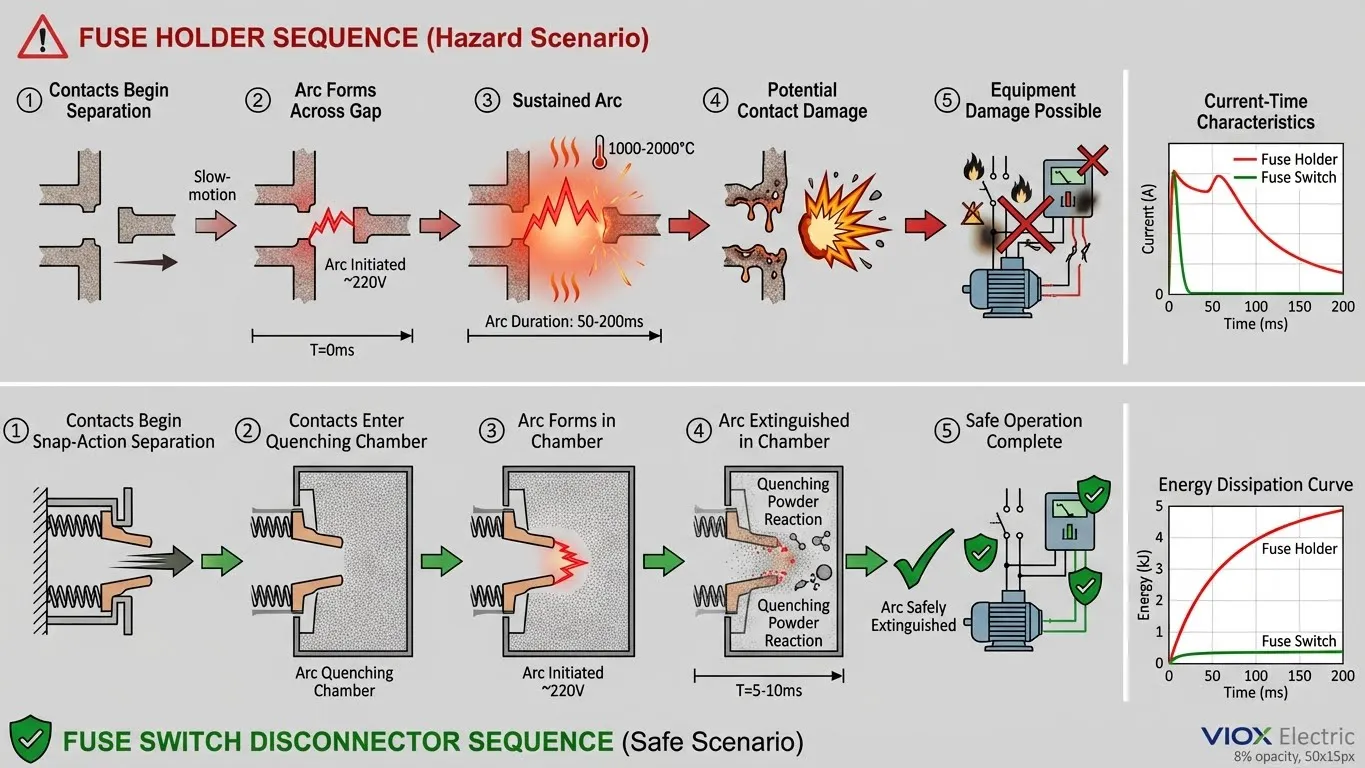 Technical sequence diagram comparing operating behavior when opening a circuit under load between a fuse holder and fuse switch
