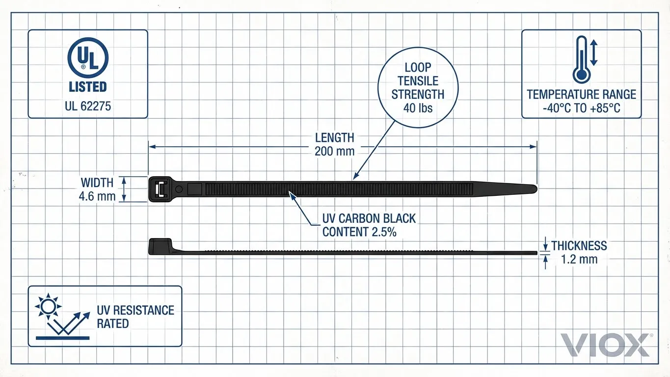 Diagram technické specifikace pro stahovací pásky z karbonové černi s certifikací UL zobrazující rozměry a parametry