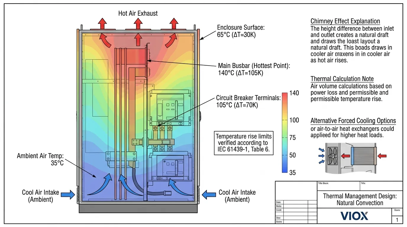 Technical thermal analysis diagram of VIOX switchgear showing natural convection airflow, temperature distribution, and IEC 61439 temperature rise compliance limits
