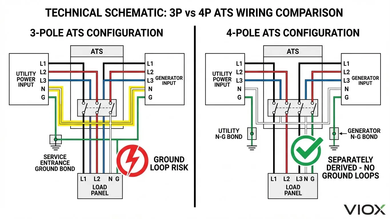 Diagram pengkabelan teknis yang membandingkan ATS 3 kutub dengan netral solid vs ATS 4 kutub dengan netral yang dialihkan yang menunjukkan pencegahan ground loop