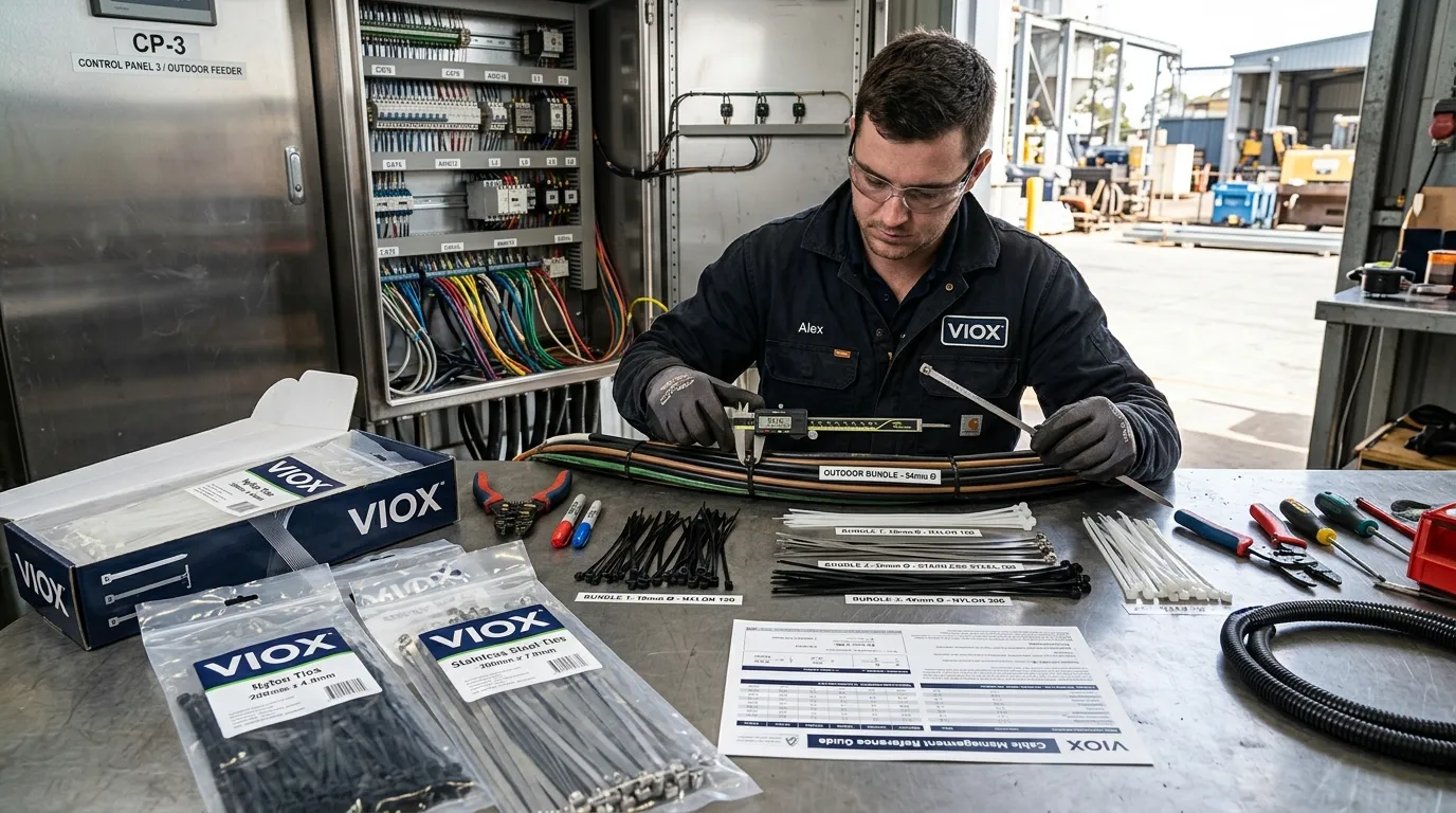 Technician comparing cable tie sizes for panel wiring and larger cable bundles