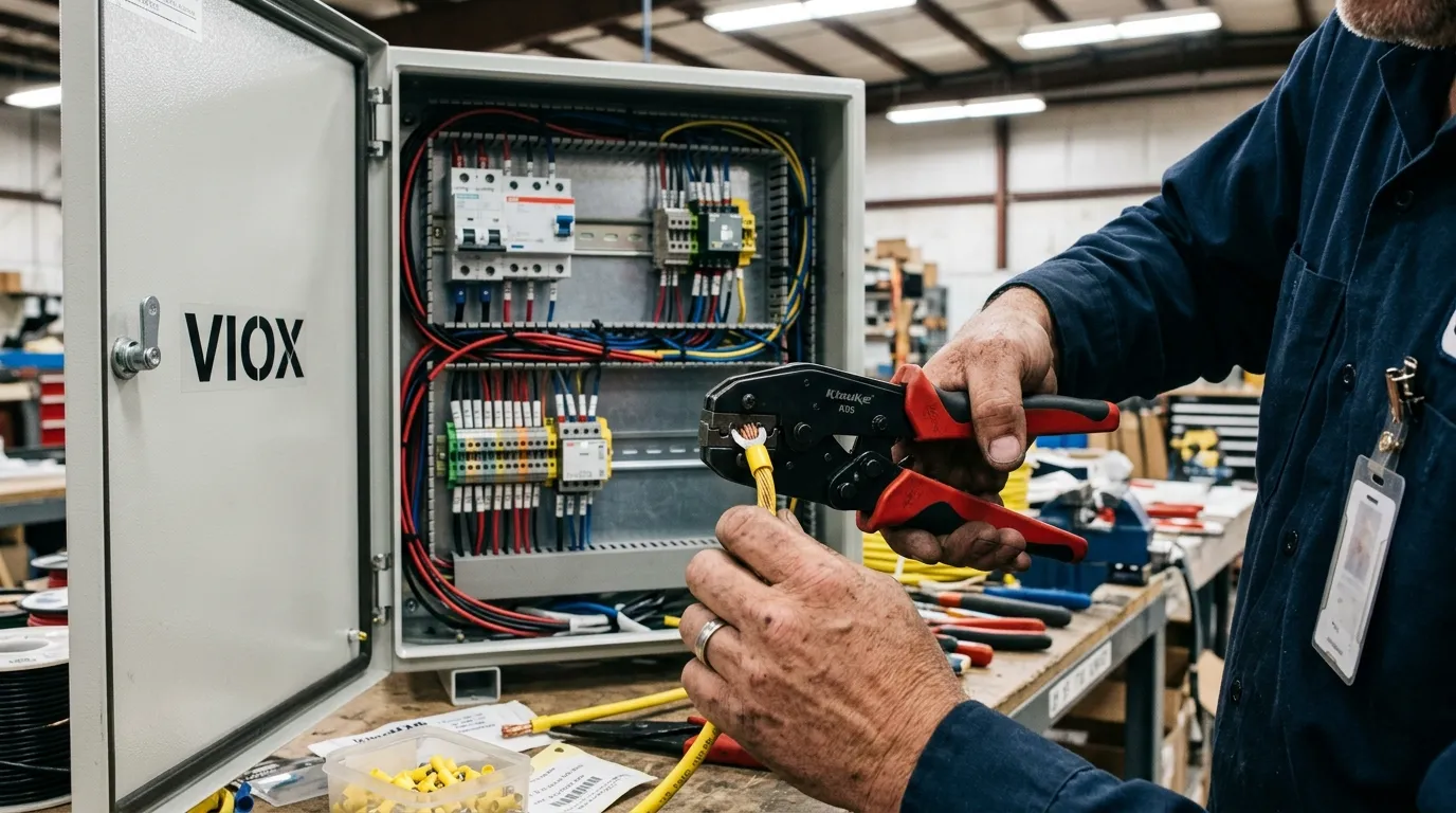 Technician crimping insulated terminal inside industrial control panel with VIOX enclosure