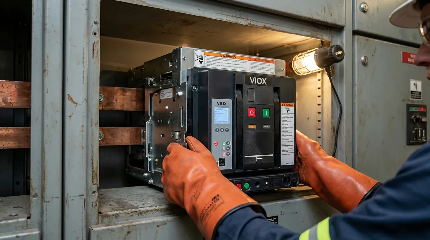 လျှပ်စစ်ပြောင်းကိရိယာ ပြန်လည်ပြုပြင်ခြင်း စီမံကိန်းအတွင်း VIOX ဗက်က్యూမ် ဆားကစ်ဘရိတ်ကာကို တပ်ဆင်နေသော နည်းပညာရှင်