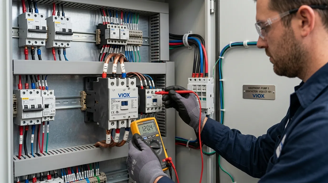 ນັກວິຊາການກຳລັງທົດສອບຄອນແທັກເຕີ AC ດ້ວຍມັລຕິມິເຕີໃນແຜງຄວບຄຸມອຸດສາຫະກຳ