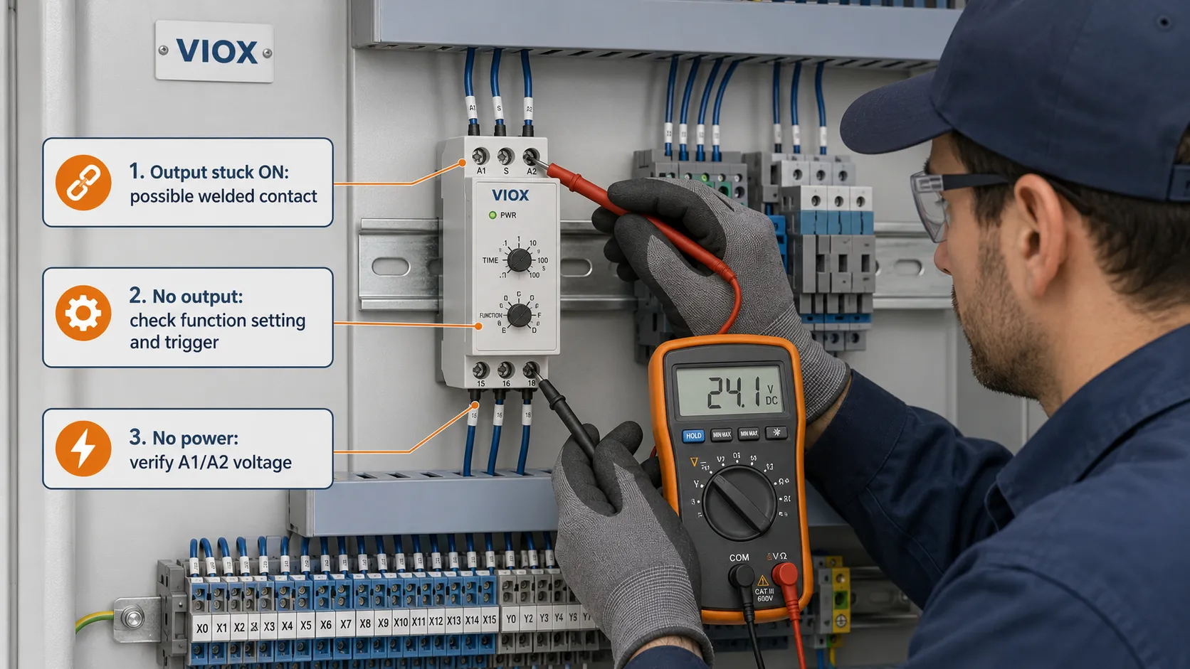 Technician troubleshooting a time relay in a control panel with checks for welded contacts, missing trigger signal, and A1/A2 voltage