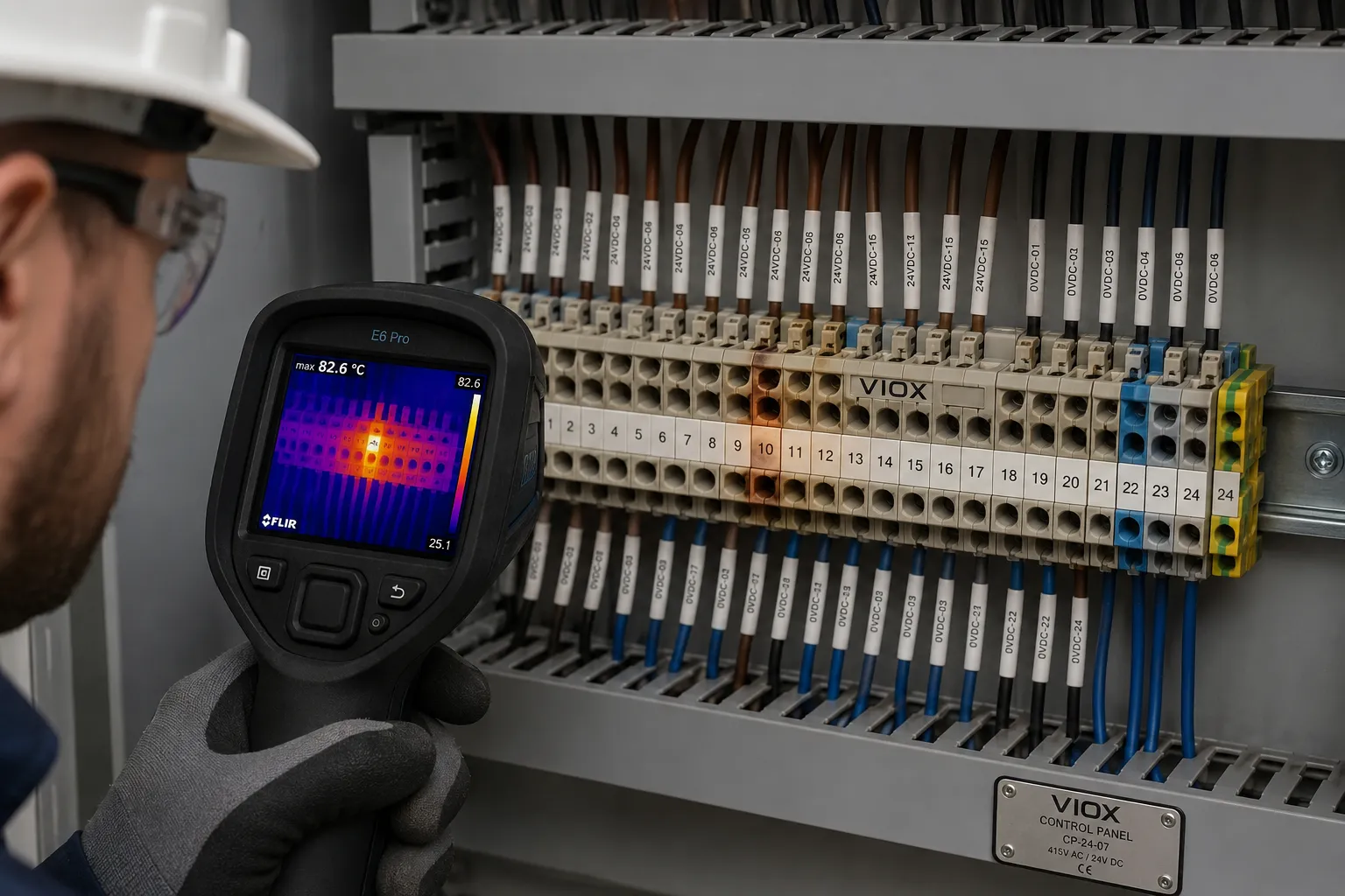 Technician using infrared thermography to identify a localized overheating terminal block inside a control panel