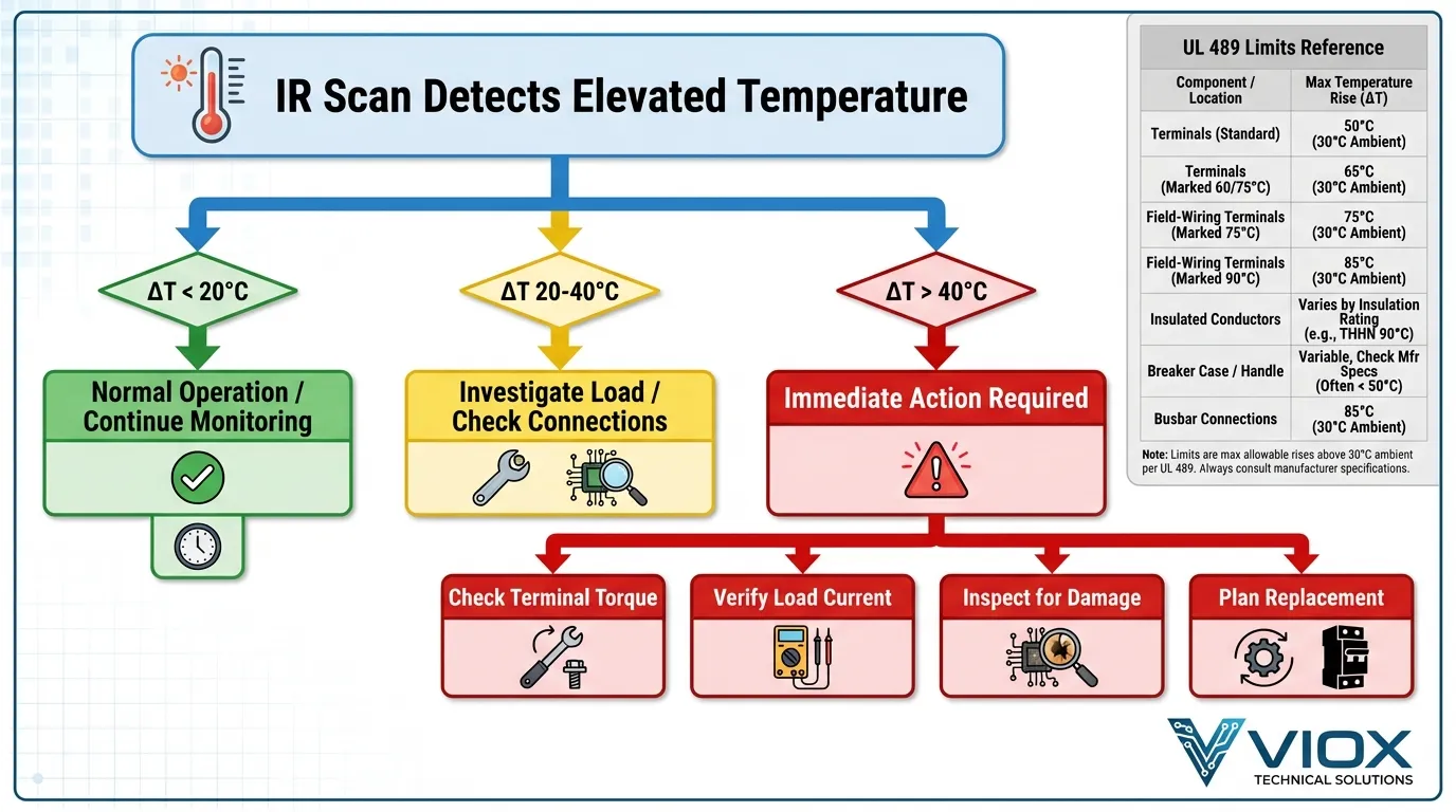 VIOX MCBおよびMCCBの熱問題に関する温度ベースのトラブルシューティングフローチャート