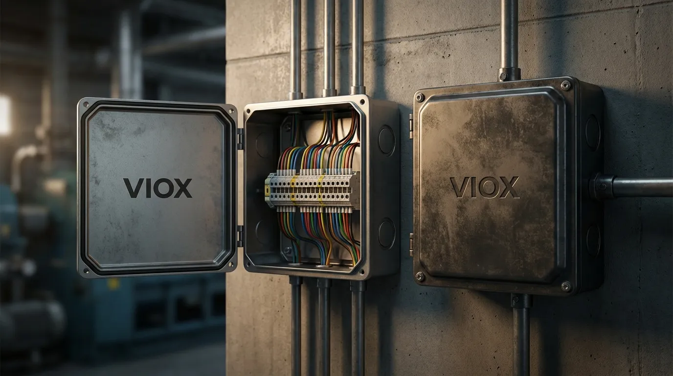 উচ্চ-সম্পন্ন শিল্প নিয়ন্ত্রণ প্যানেল পরিবেশ একটি VIOX-ব্র্যান্ডেড টার্মিনাল বক্স (বাম) এবং একটি স্ট্যান্ডার্ড জাংশন বক্স (ডান) একটি কারখানার দেয়ালে পাশাপাশি মাউন্ট করা দেখাচ্ছে।.