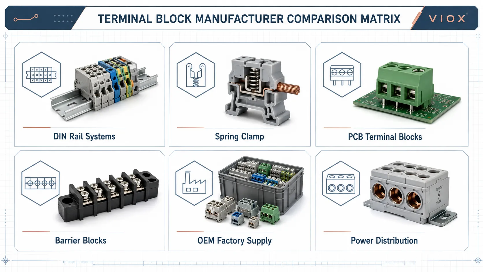 Terminal block manufacturer comparison by DIN rail, PCB, barrier, spring, push-in, and OEM supply strengths.