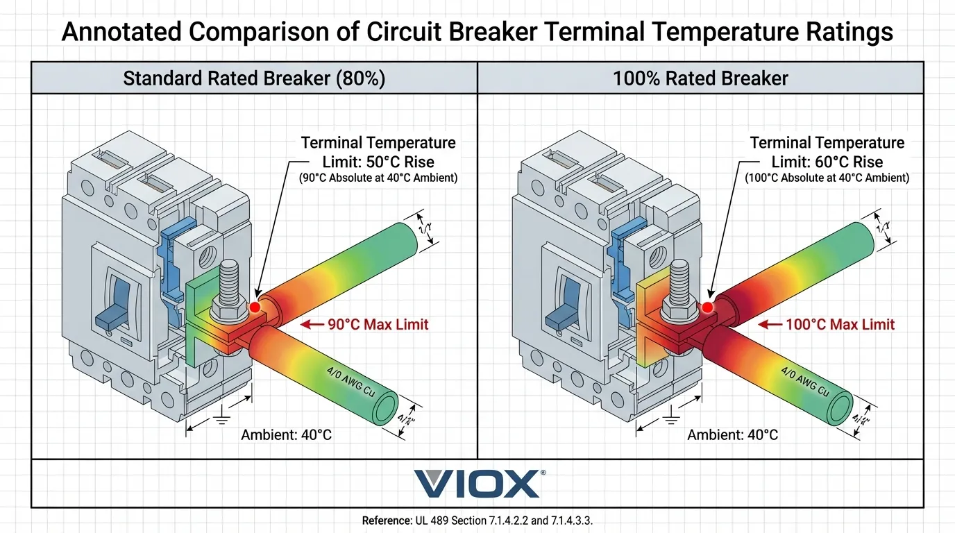 標準のVIOX回路ブレーカーと100%定格のVIOX回路ブレーカーの端子温度上昇制限の比較