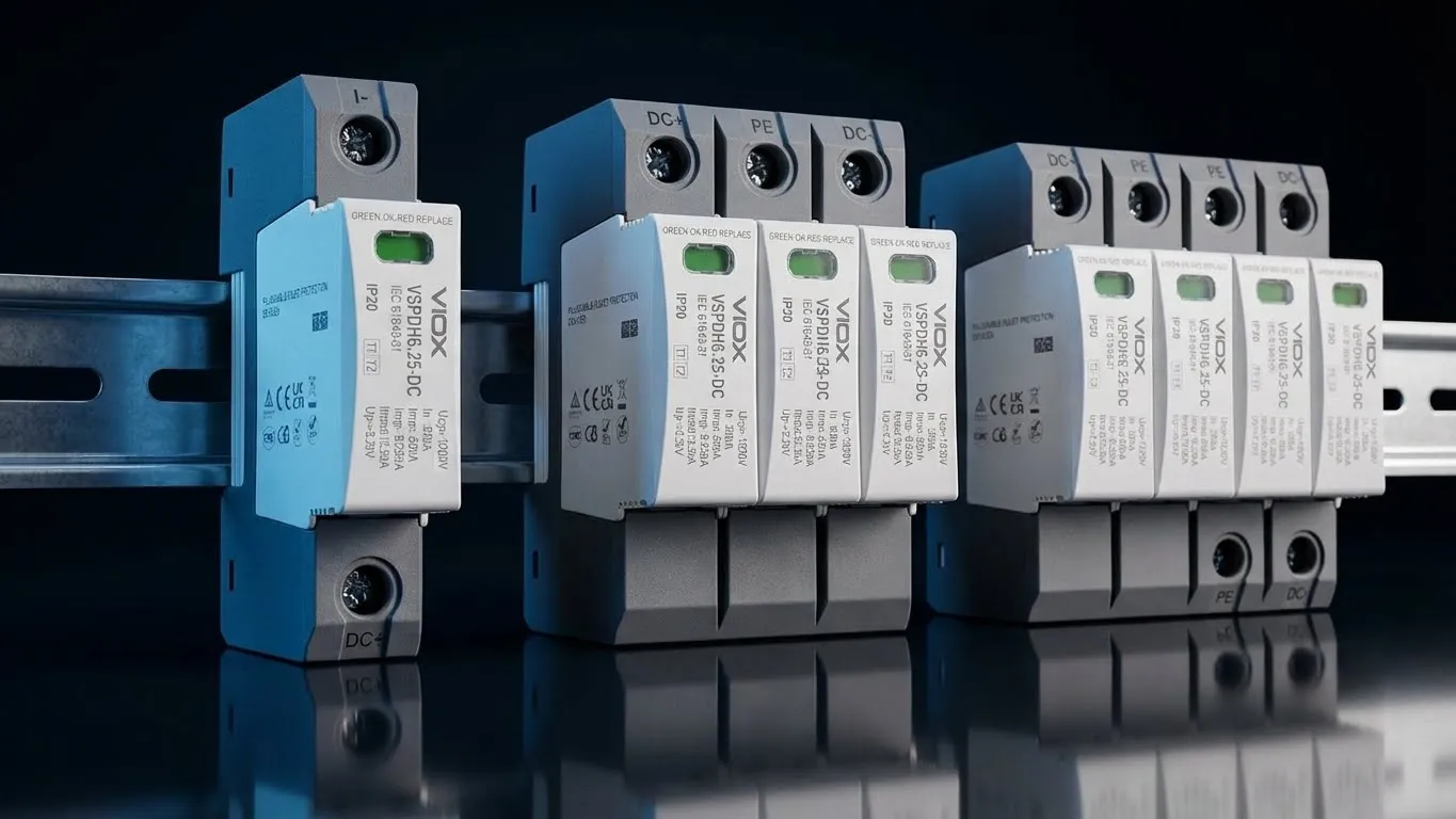 The complete range of VIOX industrial DIN rail surge protective devices featuring modular design and status indicators