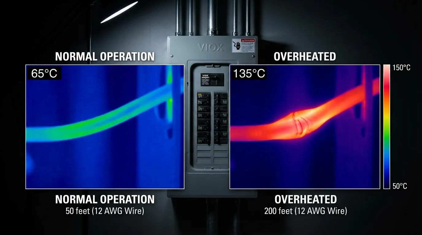 Thermal imaging comparison showing normal vs overheated wire caused by excessive distance