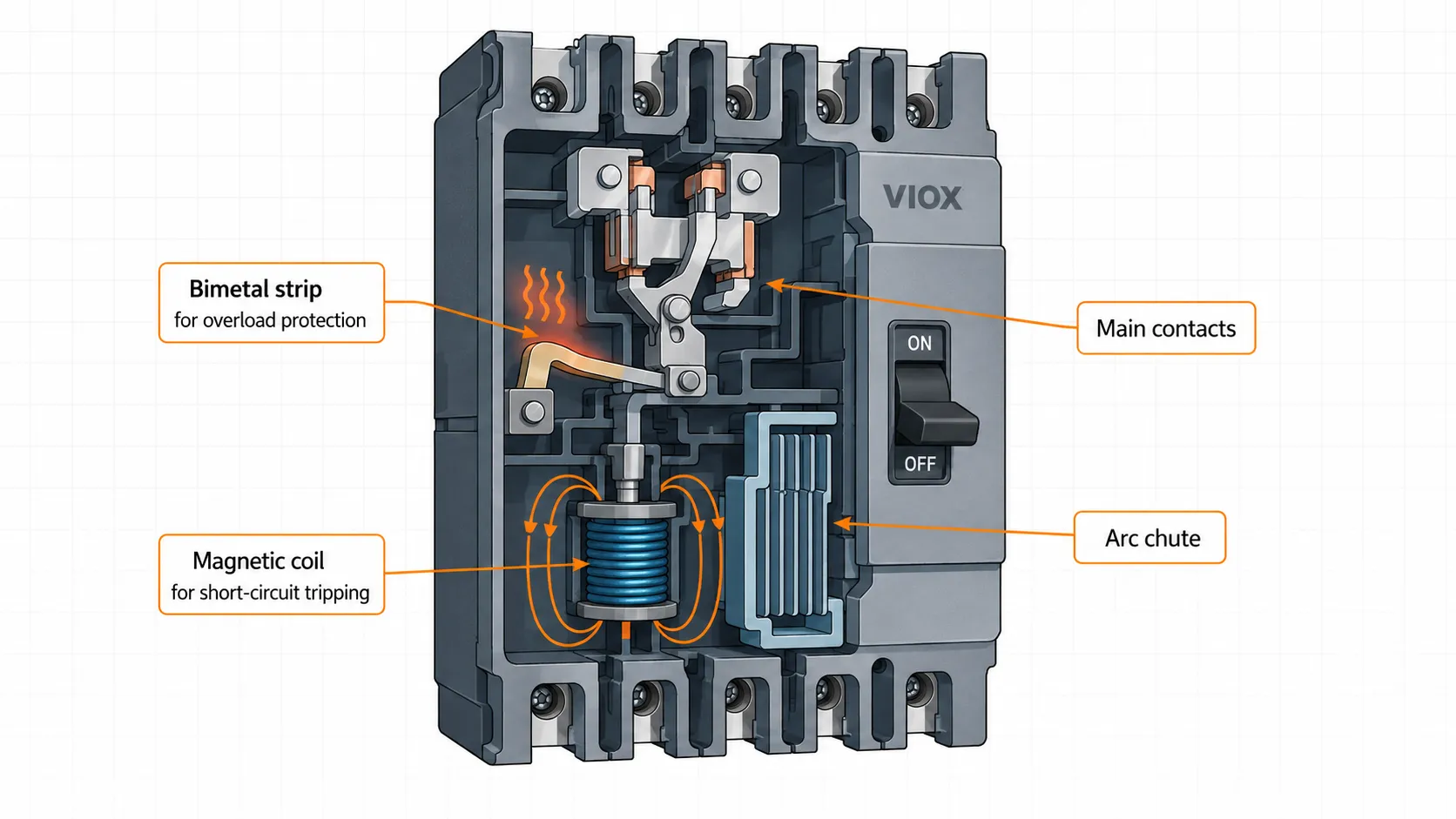Thermal magnetic MCCB diagram showing bimetal strip magnetic coil contacts and arc chute
