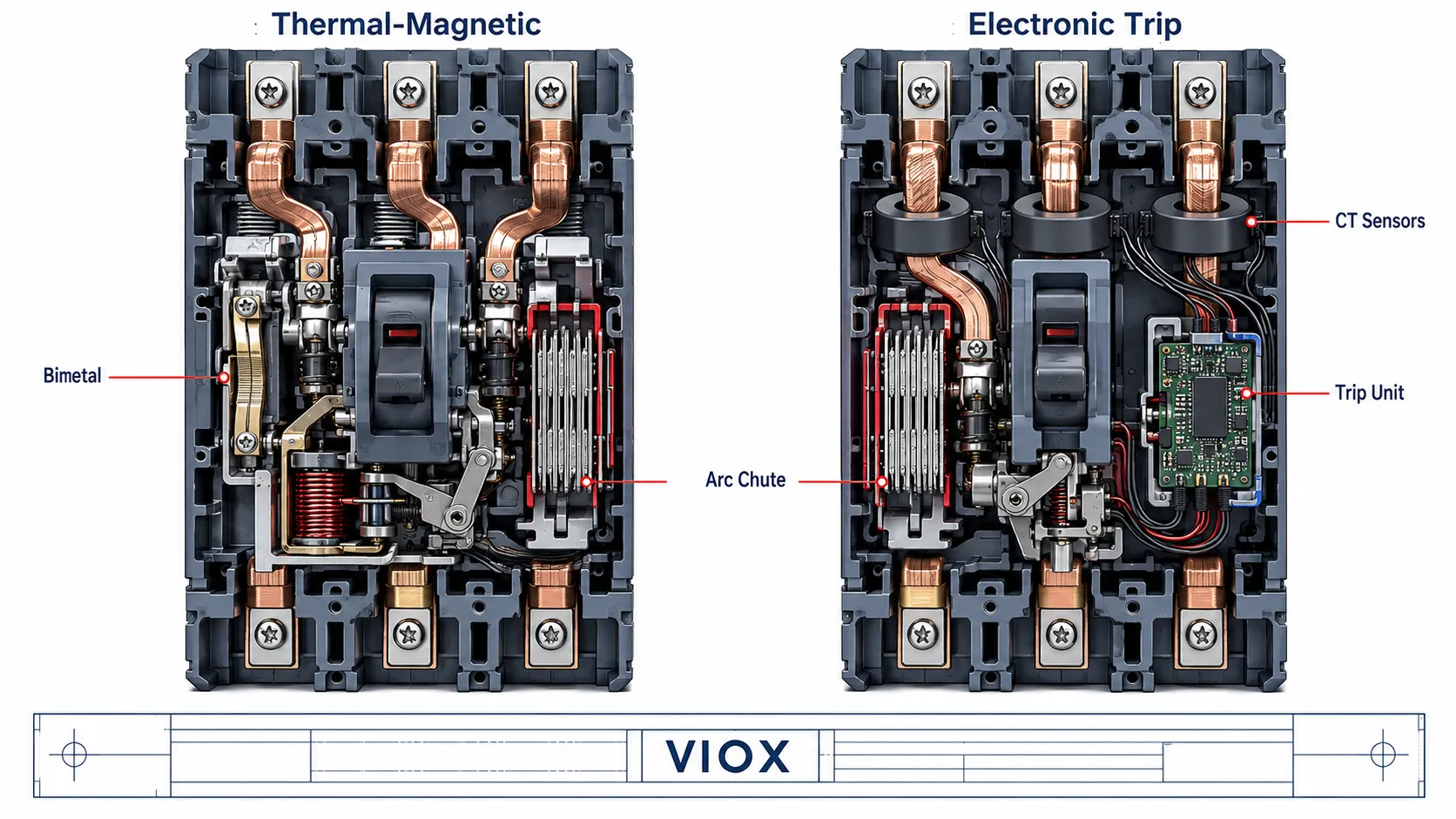 Thermal-magnetic and electronic trip MCCB comparison for industrial protection systems.