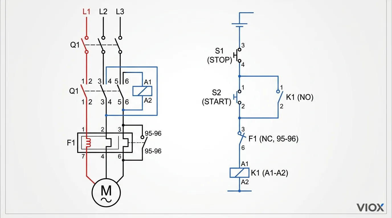 Schéma de câblage du relais de surcharge thermique montrant le disjoncteur, le contacteur et le schéma du circuit de commande - VIOX Electric