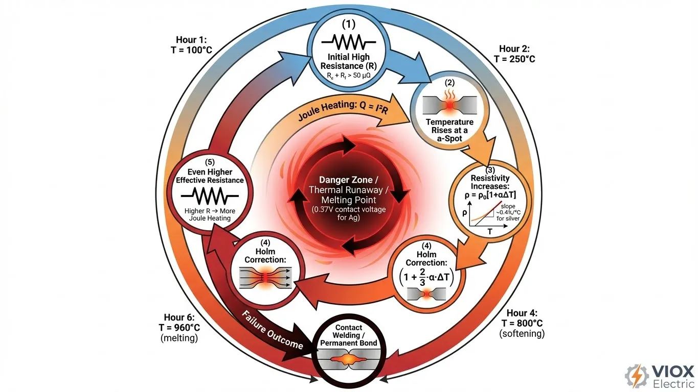 Diagrama de bucle de retroalimentación de fuga térmica que muestra cómo la resistencia de contacto inicial desencadena el calentamiento de Joule