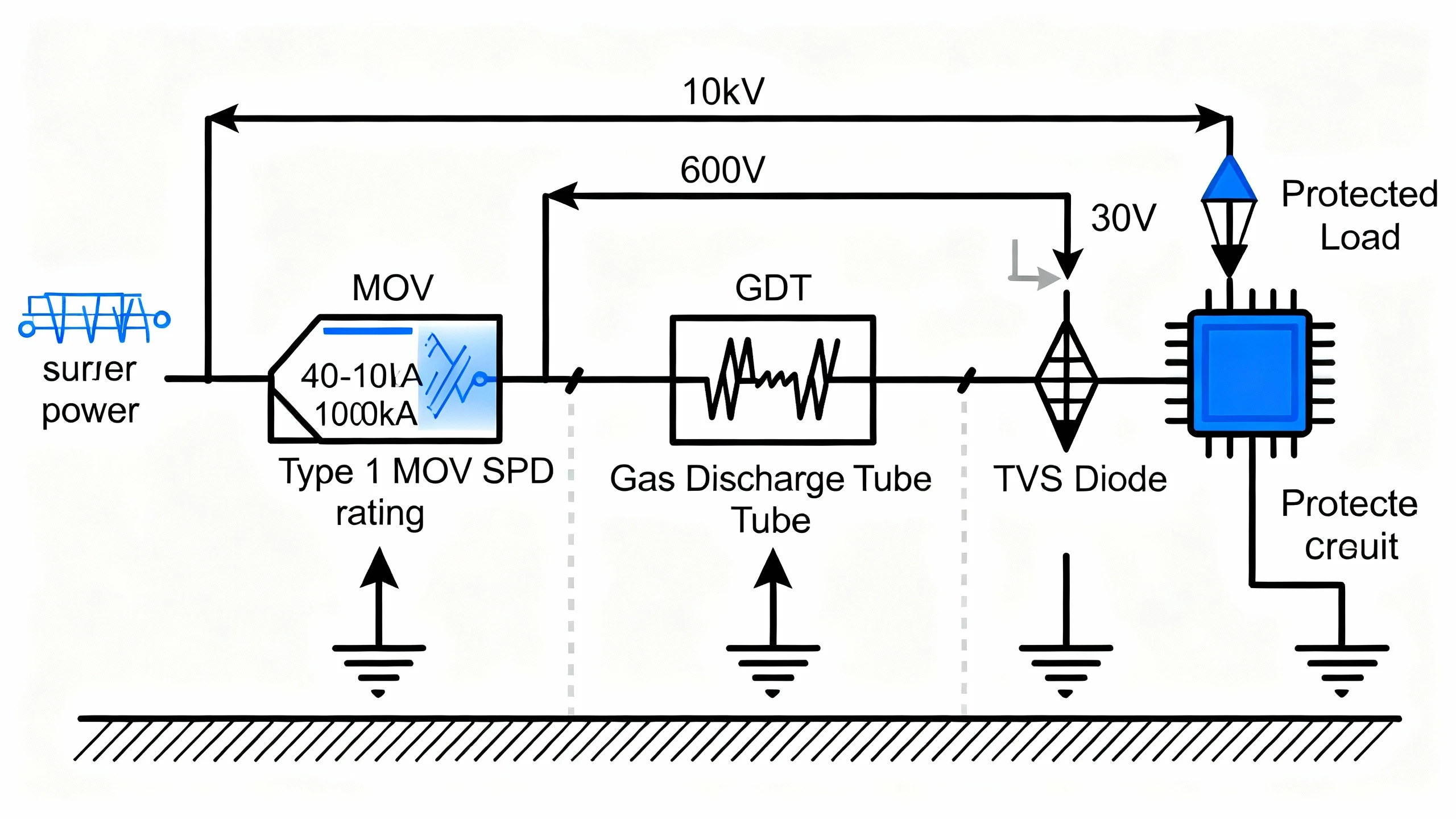 Three-Stage Layered Surge Protection Architecture
