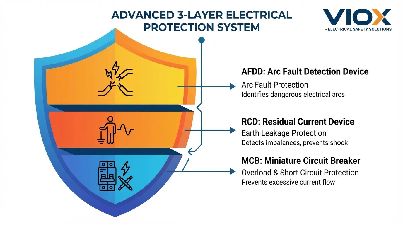 MCB、RCD、およびAFDDの補完的な機能を示す3層電気保護図