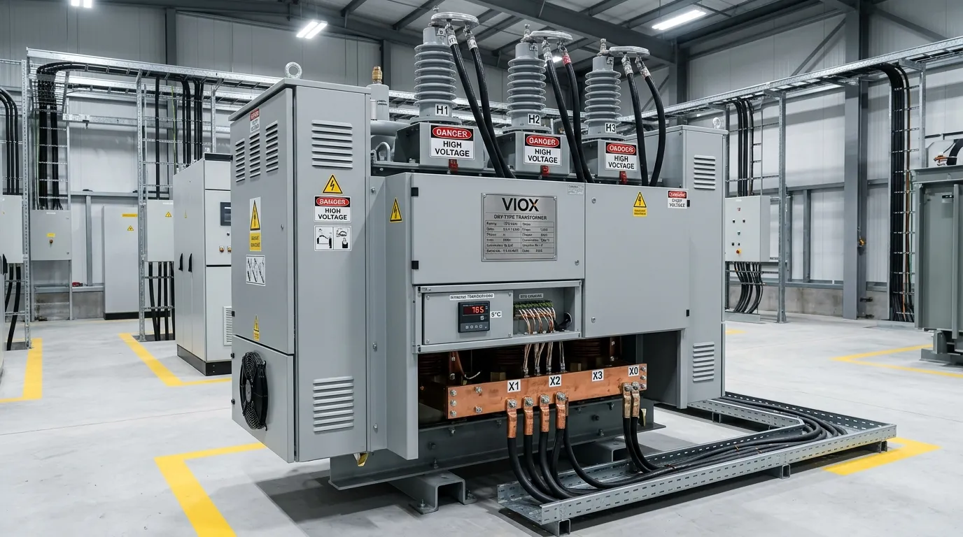 Transformator tipe kering tiga fase 1000 kVA dengan merek VIOX yang menunjukkan bushing tegangan tinggi, terminal tegangan rendah, dan spesifikasi pelat nama di gardu induk industri